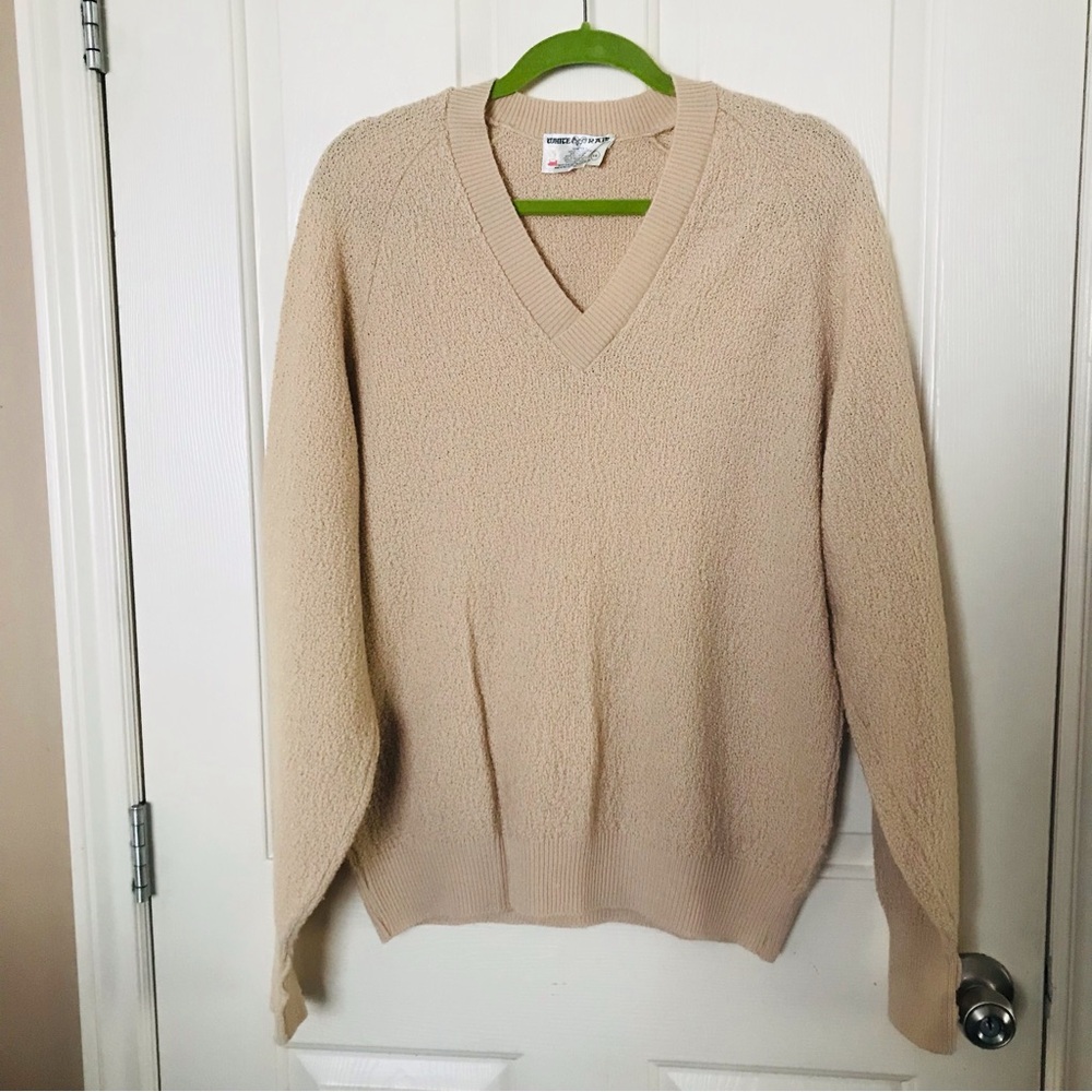 White Ram Vintage Beige V-Neck Women Sweater Wool Blend Size Large